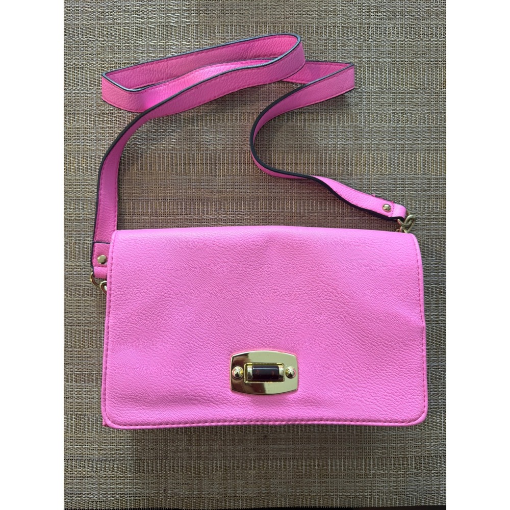 MERONA Womens Hot Pink Faux Leather Magnetic and Twist Lock Crossbody Purse L17